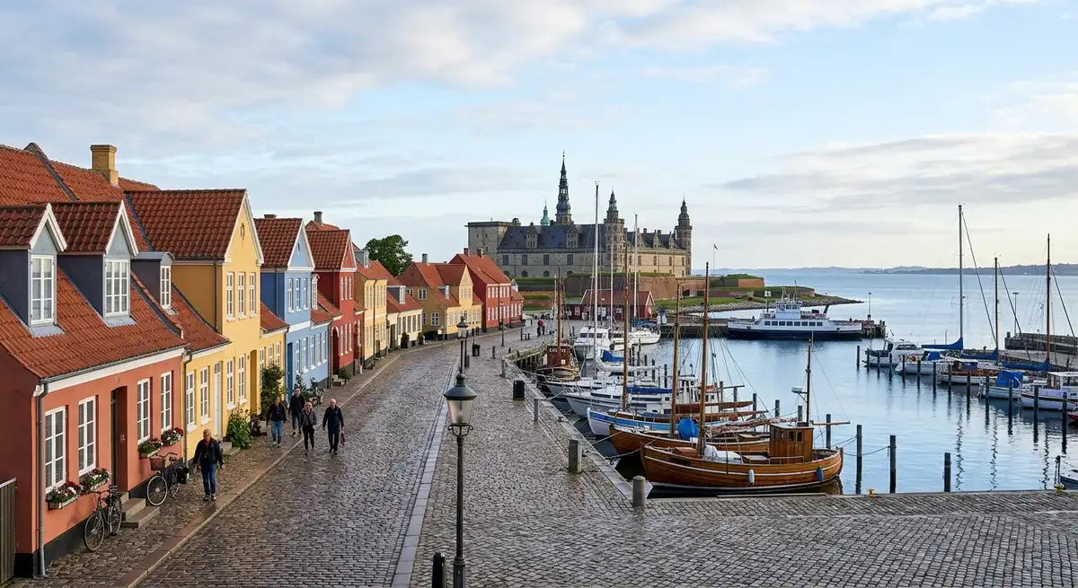 Smuk udsigt over Kronborg Slot og de historiske gader i 3000 Helsingør i klart, nordisk dagslys.